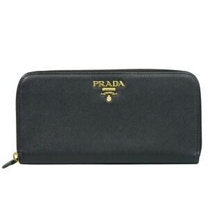 Prada Saffiano Leather Zip Around Tab Wallet Black